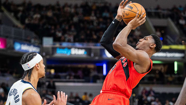 Feb 26, 2025; Indianapolis, Indiana, USA; Toronto Raptors guard RJ Barrett (9) shoots the ball while Indiana Pacers guard Andrew Nembhard (2) defends in the first half at Gainbridge Fieldhouse. Mandatory Credit: Trevor Ruszkowski-Imagn Images Feb 26, 2025; Indianapolis, Indiana, USA; Toronto Raptors guard RJ Barrett (9) shoots the ball while Indiana Pacers guard Andrew Nembhard (2) defends in the first half at Gainbridge Fieldhouse. Mandatory Credit: Trevor Ruszkowski-Imagn Images