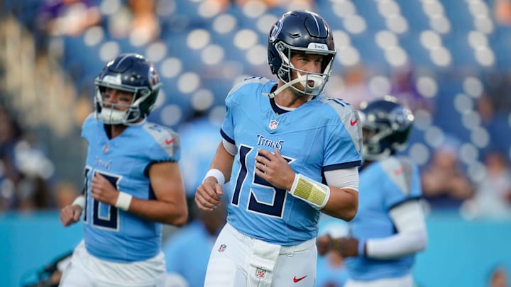Tennessee Titans quarterback Trevor Siemian (15) warms up before an NFL pre-season game against the Minnesota Vikings at Nissan Stadium in Nashville, Tenn., Friday, Aug. 22, 2025. Tennessee Titans quarterback Trevor Siemian (15) warms up before an NFL pre-season game against the Minnesota Vikings at Nissan Stadium in Nashville, Tenn., Friday, Aug. 22, 2025.