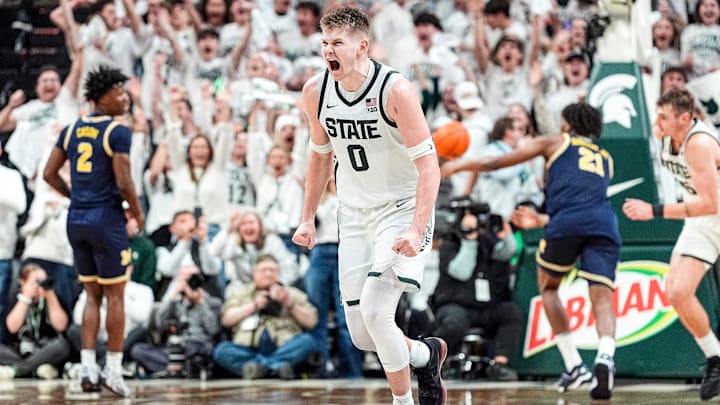 Michigan State forward Jaxon Kohler (0) celebrates a 3-pointer that tied the game at 55-55 against Michigan during the second half at Breslin Center in East Lansing on Friday, Jan. 30, 2026. Michigan State forward Jaxon Kohler (0) celebrates a 3-pointer that tied the game at 55-55 against Michigan during the second half at Breslin Center in East Lansing on Friday, Jan. 30, 2026.