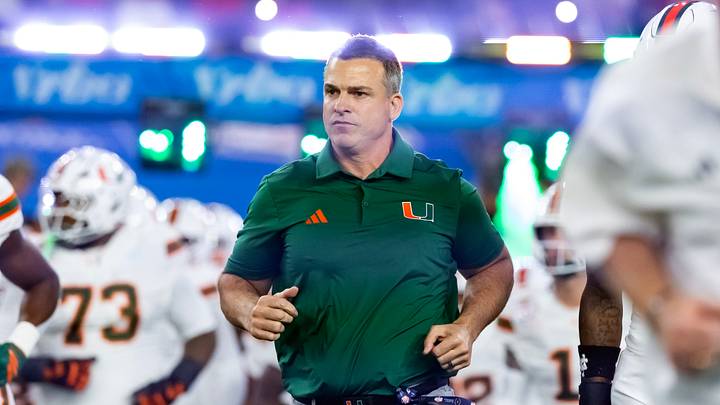 Jan 8, 2026; Glendale, AZ, USA; Miami Hurricanes head coach Mario Cristobal against the Mississippi Rebels during the 2026 Fiesta Bowl and semifinal game of the College Football Playoff at State Farm Stadium. Mandatory Credit: Mark J. Rebilas-Imagn Images