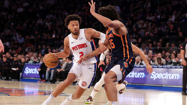 Feb 26, 2024; New York, New York, USA; Detroit Pistons guard Cade Cunningham (2) drives to the basket against New York Knicks center Jericho Sims (45) during the second quarter at Madison Square Garden. Mandatory Credit: Brad Penner-Imagn Images Feb 26, 2024; New York, New York, USA; Detroit Pistons guard Cade Cunningham (2) drives to the basket against New York Knicks center Jericho Sims (45) during the second quarter at Madison Square Garden. Mandatory Credit: Brad Penner-Imagn Images