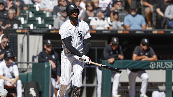 Sep 26, 2024; Chicago, Illinois, USA; Chicago White Sox outfielder Luis Robert Jr. (88) reacts after striking out against the Los Angeles Angels during the third inning at Guaranteed Rate Field. Mandatory Credit: Kamil Krzaczynski-Imagn Images Sep 26, 2024; Chicago, Illinois, USA; Chicago White Sox outfielder Luis Robert Jr. (88) reacts after striking out against the Los Angeles Angels during the third inning at Guaranteed Rate Field. Mandatory Credit: Kamil Krzaczynski-Imagn Images