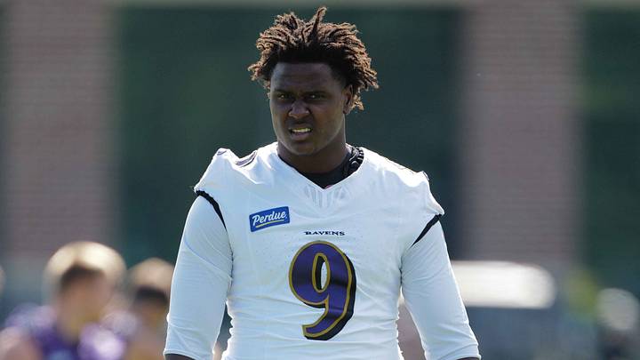 Jul 30, 2026; Owings Mills, MD, USA; Baltimore Ravens linebacker Zion Young (9) during practice drills at Under Armour Peformance Center. Mandatory Credit: Mitch Stringer-Imagn Images Jul 30, 2026; Owings Mills, MD, USA; Baltimore Ravens linebacker Zion Young (9) during practice drills at Under Armour Peformance Center. Mandatory Credit: Mitch Stringer-Imagn Images