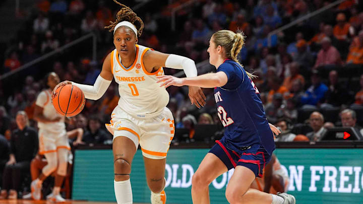 Tennessee forward Janiah Barker (0) dribbles the ball in front of Belmont guard Quinn Eubank (22) during a NCAA women's basketball between the Tennessee Lady Vols and Belmont Bruins at Thompson-Boling Arena at Food City Center in Knoxville, Tenn. on Nov. 13, 2025.