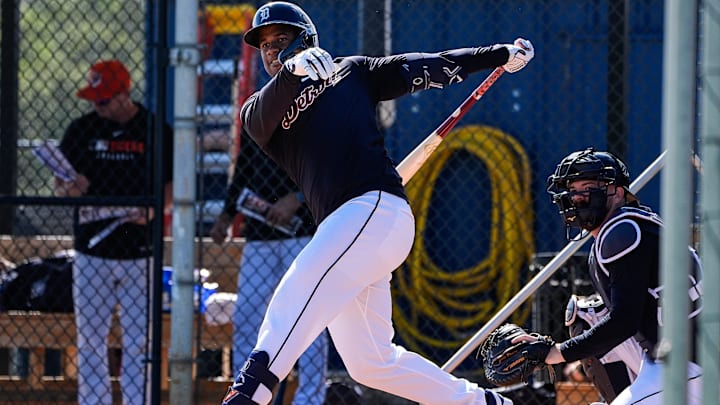 Detroit Tigers infielder Eddys Leonard bats against pitcher Tarik Skubal during spring training at TigerTown in Lakeland, Fla. on Tuesday, Feb. 18, 2025.