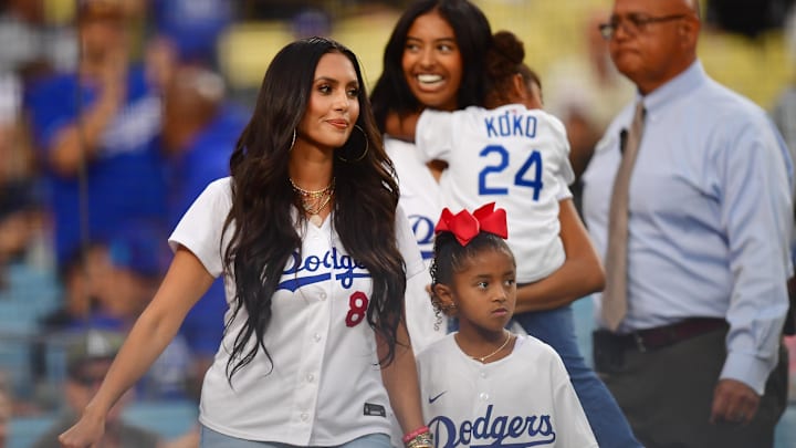 Vanessa Bryant, wife of former Los Angeles Lakers player Kobe Bryant in attendance with daughters Natalia, Bianka and Capri in attendance at Dodger Stadium.