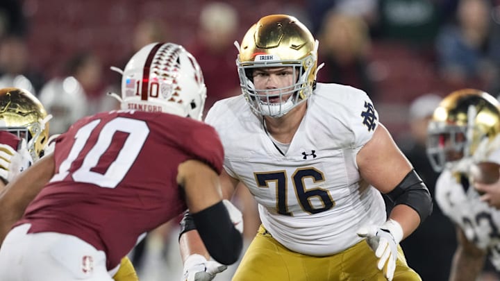 Nov 27, 2021; Stanford, California, USA; Notre Dame Fighting Irish offensive lineman Joe Alt (76)