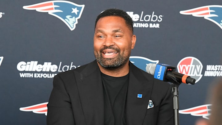 Jan 17, 2024; Foxborough, MA, USA; New England Patriots head coach Jerod Mayo addresses media at a
