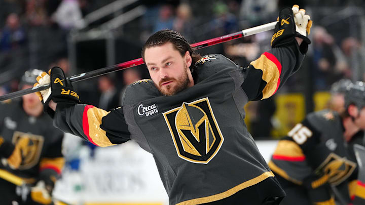Feb 4, 2026; Las Vegas, Nevada, USA; Vegas Golden Knights defenseman Rasmus Andersson (4) warms up before the start of a game against the Vancouver Canucks at T-Mobile Arena. Mandatory Credit: Stephen R. Sylvanie-Imagn Images Feb 4, 2026; Las Vegas, Nevada, USA; Vegas Golden Knights defenseman Rasmus Andersson (4) warms up before the start of a game against the Vancouver Canucks at T-Mobile Arena. Mandatory Credit: Stephen R. Sylvanie-Imagn Images