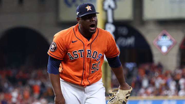 Oct 22, 2023; Houston, Texas, USA; Houston Astros relief pitcher Hector Neris (50) reacts in the Oct 22, 2023; Houston, Texas, USA; Houston Astros relief pitcher Hector Neris (50) reacts in the