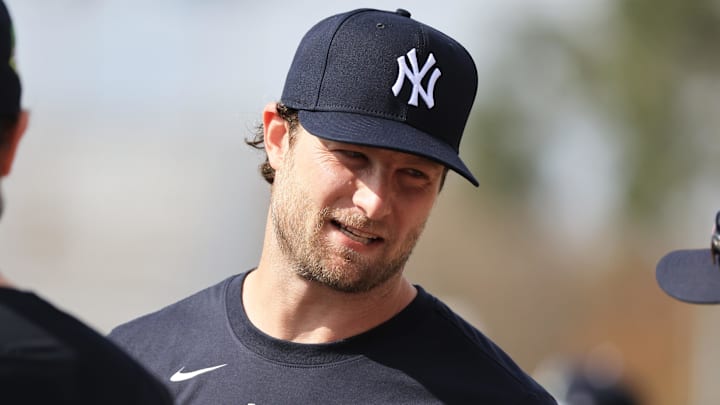Feb 12, 2026; Tampa, FL, USA;  New York Yankees pitcher Gerrit Cole (45) works out during spring training workouts at George M. Steinbrenner Field. Mandatory Credit: Kim Klement Neitzel-Imagn Images