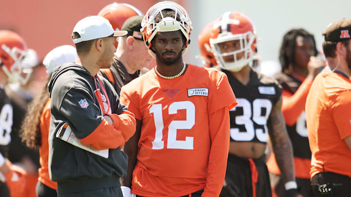 May 10, 2025; Berea, OH, USA; Cleveland Browns quarterback Shedeur Sanders (12) waits his turn for a drill during rookie minicamp at CrossCountry Mortgage Campus. Mandatory Credit: Ken Blaze-Imagn Images
