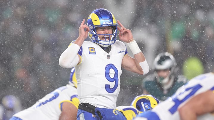 Jan 19, 2025; Philadelphia, Pennsylvania, USA; Los Angeles Rams quarterback Matthew Stafford (9) calls a play from the line of scrimmage in the third quarter against the Philadelphia Eagles in a 2025 NFC divisional round game at Lincoln Financial Field. Mandatory Credit: Bill Streicher-Imagn Images Jan 19, 2025; Philadelphia, Pennsylvania, USA; Los Angeles Rams quarterback Matthew Stafford (9) calls a play from the line of scrimmage in the third quarter against the Philadelphia Eagles in a 2025 NFC divisional round game at Lincoln Financial Field. Mandatory Credit: Bill Streicher-Imagn Images