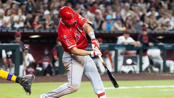 Jun 15, 2026; Phoenix, Arizona, USA; Los Angeles Angels outfielder Mike Trout hits a solo home run against the Arizona Diamondbacks in the fifth inning at Chase Field. Mandatory Credit: Mark J. Rebilas-Imagn Images Jun 15, 2026; Phoenix, Arizona, USA; Los Angeles Angels outfielder Mike Trout hits a solo home run against the Arizona Diamondbacks in the fifth inning at Chase Field. Mandatory Credit: Mark J. Rebilas-Imagn Images