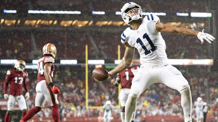 October 24, 2021; Santa Clara, California, USA; Indianapolis Colts wide receiver Michael Pittman (11) celebrates after scoring a touchdown against the San Francisco 49ers during the fourth quarter at Levi's Stadium. Mandatory Credit: Kyle Terada-Imagn Images