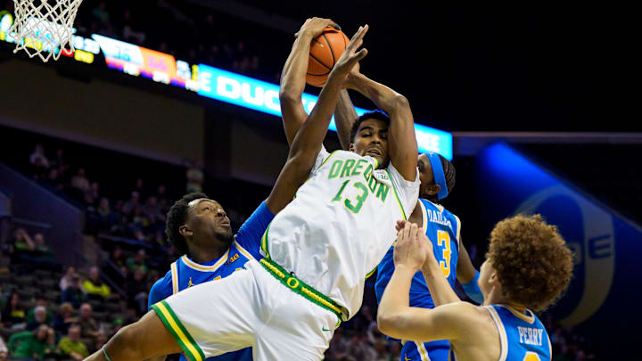 Oregon forward Sean Stewart rebounds the ball as the Oregon Ducks host the UCLA Bruins on Jan. 28, 2026, at Matthew Knight Arena in Eugene, Oregon. Oregon forward Sean Stewart rebounds the ball as the Oregon Ducks host the UCLA Bruins on Jan. 28, 2026, at Matthew Knight Arena in Eugene, Oregon.