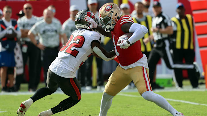 Nov 10, 2024; Tampa, Florida, USA; San Francisco 49ers wide receiver Deebo Samuel Sr. (1) stiff arms Tampa Bay Buccaneers safety Josh Hayes (32) during the second half at Raymond James Stadium. Mandatory Credit: Kim Klement Neitzel-Imagn Images Nov 10, 2024; Tampa, Florida, USA; San Francisco 49ers wide receiver Deebo Samuel Sr. (1) stiff arms Tampa Bay Buccaneers safety Josh Hayes (32) during the second half at Raymond James Stadium. Mandatory Credit: Kim Klement Neitzel-Imagn Images