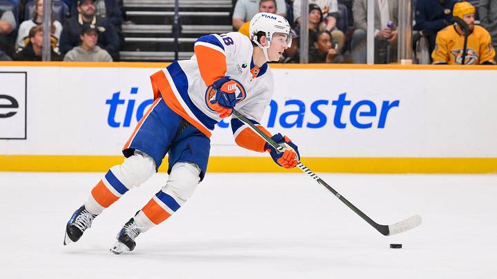 Oct 27, 2026; Nashville, Tennessee, USA;  New York Islanders defenseman Matthew Schaefer (48) skates with the puck against the Nashville Predators during the second period at Bridgestone Arena.  Mandatory Credit: Steve Roberts-Imagn Images