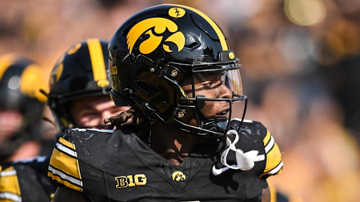 Oct 12, 2024; Iowa City, Iowa, USA; Iowa Hawkeyes running back Kaleb Johnson (2) reacts after his third touchdown run during the fourth quarter against the Washington Huskies at Kinnick Stadium. Mandatory Credit: Jeffrey Becker-Imagn Images