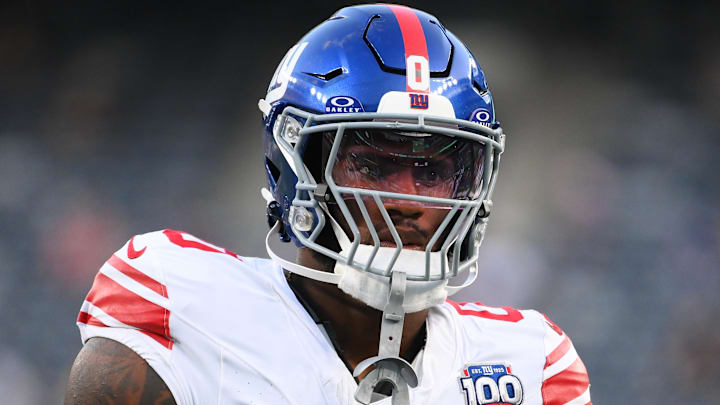 Aug 24, 2024; East Rutherford, New Jersey, USA; New York Giants linebacker Brian Burns (0) looks on prior to the game against the New York Jets at MetLife Stadium. Aug 24, 2024; East Rutherford, New Jersey, USA; New York Giants linebacker Brian Burns (0) looks on prior to the game against the New York Jets at MetLife Stadium.