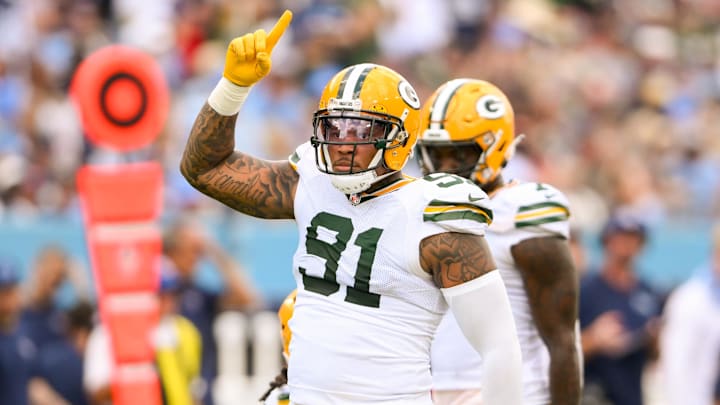 Green Bay Packers defensive end Preston Smith celebrates his sack against the Tennessee Titans.