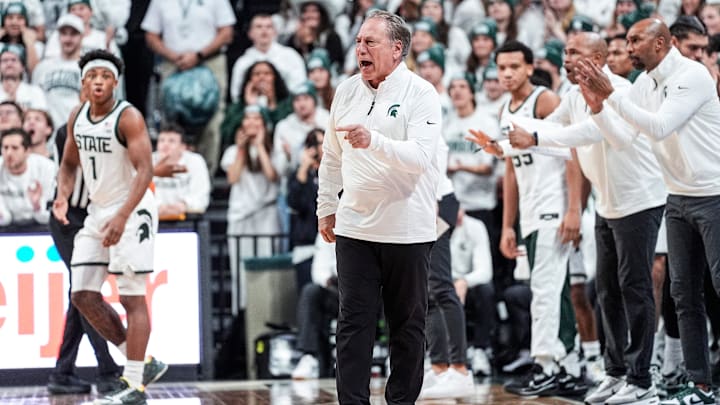 Michigan State head coach Tom Izzo reacts to a play against Duke during the first half at Breslin Center in East Lansing on Saturday, Dec. 6, 2025. Michigan State head coach Tom Izzo reacts to a play against Duke during the first half at Breslin Center in East Lansing on Saturday, Dec. 6, 2025.