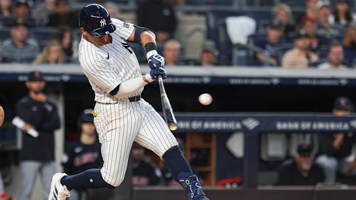 Aug 20, 2024; Bronx, New York, USA; New York Yankees third baseman Oswald Peraza (91) singles during the second inning against the Cleveland Guardians at Yankee Stadium. Mandatory Credit: Vincent Carchietta-Imagn Images