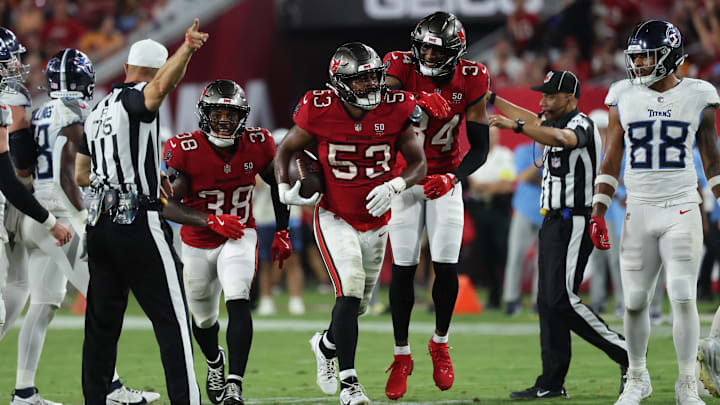 Aug 9, 2025; Tampa, Florida, USA; Tampa Bay Buccaneers linebacker Nick Jackson (53) after intercepting the ball against the Tennessee Titans during the second half at Raymond James Stadium. Mandatory Credit: Kim Klement Neitzel-Imagn Images