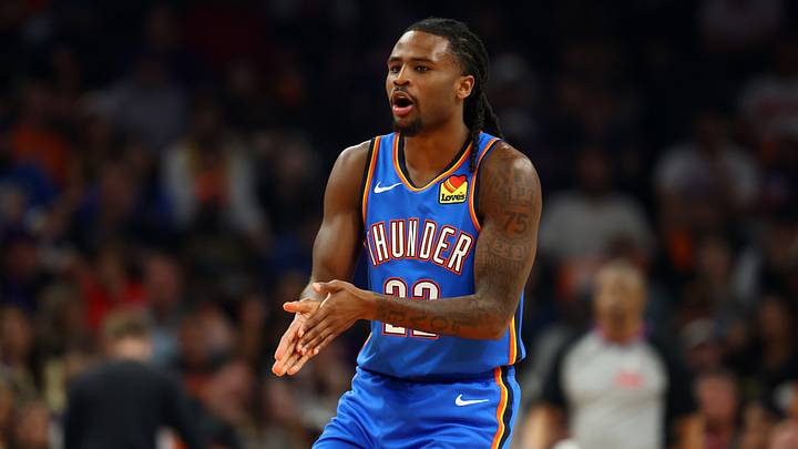 Apr 27, 2026; Phoenix, Arizona, USA; Oklahoma City Thunder guard Cason Wallace (22) against the Phoenix Suns during game four of the first round of the 2026 NBA Playoffs at Mortgage Matchup Center. Apr 27, 2026; Phoenix, Arizona, USA; Oklahoma City Thunder guard Cason Wallace (22) against the Phoenix Suns during game four of the first round of the 2026 NBA Playoffs at Mortgage Matchup Center.