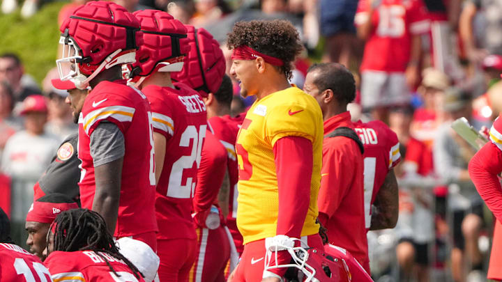Jul 26, 2024; Kansas City, MO, USA; Kansas City Chiefs quarterback Patrick Mahomes (15) watches drills during training camp at Missouri Western State University. Mandatory Credit: Denny Medley-USA TODAY Sports