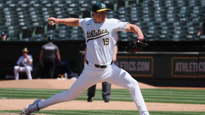 Oakland Athletics relief pitcher Mason Miller throws a pitch.