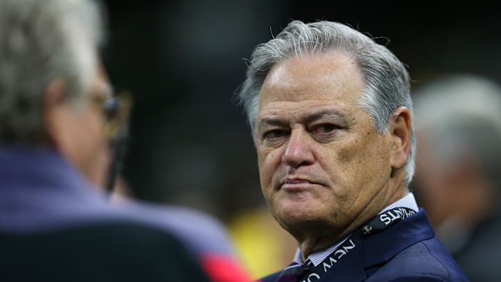 Nov 20, 2022; New Orleans, Louisiana, USA; New Orleans Saints general manager and executive vice president Mickey Loomis before the game against the Los Angeles Rams at the Caesars Superdome. Mandatory Credit: Chuck Cook-Imagn Images