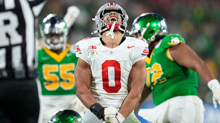 Ohio State Buckeyes linebacker Cody Simon (0) celebrates a sack during the College Football Playoff quarterfinal against the Oregon Ducks at the Rose Bowl in Pasadena, Calif. on Jan. 1, 2025. Ohio State won 41-21. Ohio State Buckeyes linebacker Cody Simon (0) celebrates a sack during the College Football Playoff quarterfinal against the Oregon Ducks at the Rose Bowl in Pasadena, Calif. on Jan. 1, 2025. Ohio State won 41-21.