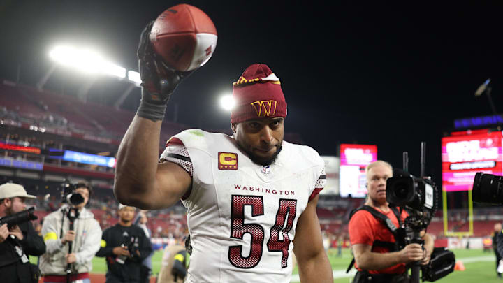Washington Commanders linebacker Bobby Wagner celebrates after winning an NFC wild-card game against Tampa Bay.