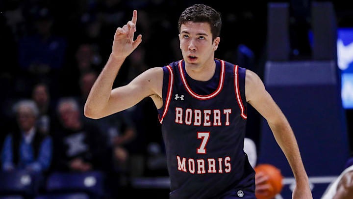 Nov 6, 2023; Cincinnati, Ohio, USA; Robert Morris Colonials forward Alvaro Folgueiras (7) reacts after a play against the Xavier Musketeers in the first half at Cintas Center. Mandatory Credit: Katie Stratman-Imagn Images
