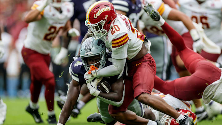 Aug 23, 2025; Dublin, IRELAND; Kansas State player Joe Jackson is tackled by Khijohnn Cummings-Coleman of Iowa State during the Aer Lingus Classic between Iowa State and Kansas State at Aviva Stadium. Aug 23, 2025; Dublin, IRELAND; Kansas State player Joe Jackson is tackled by Khijohnn Cummings-Coleman of Iowa State during the Aer Lingus Classic between Iowa State and Kansas State at Aviva Stadium.