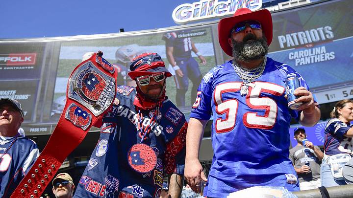 Sep 28, 2025; Foxborough, Massachusetts, USA; New England Patriots fans pose for a photo prior to a game against the Carolina Panthers at Gillette Stadium. Mandatory Credit: Bob DeChiara-Imagn Images