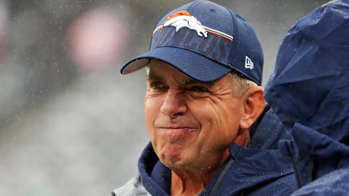 Sep 29, 2024; East Rutherford, New Jersey, USA;  Denver Broncos head coach Sean Payton looks on before the game against the New York Jets at MetLife Stadium. 