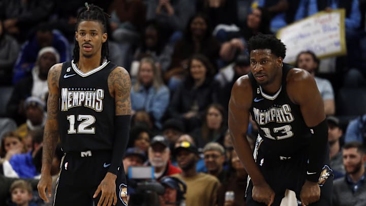 Nov 18, 2022; Memphis, Tennessee, USA; Memphis Grizzlies guard Ja Morant (12) and forward Jaren