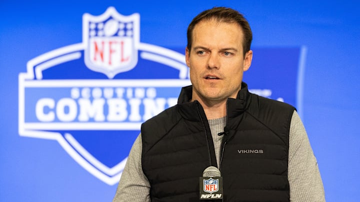 Feb 27, 2024; Indianapolis, IN, USA; Minnesota Vikings head coach Kevin O'Connell talks to the media at the 2024 NFL Combine at Indiana Convention Center. Feb 27, 2024; Indianapolis, IN, USA; Minnesota Vikings head coach Kevin O'Connell talks to the media at the 2024 NFL Combine at Indiana Convention Center.