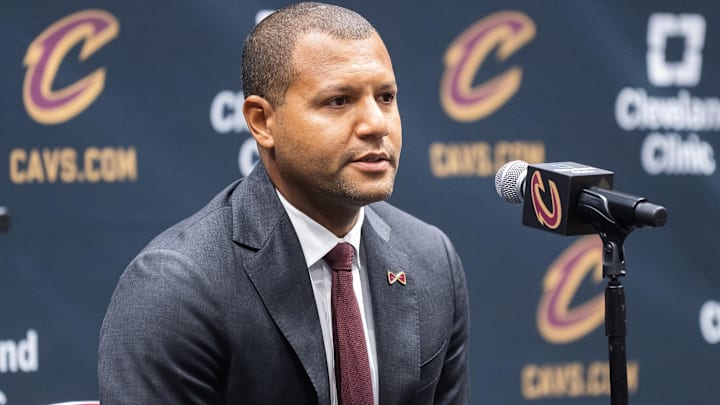 Oct 2, 2023; Cleveland, OH, USA; Cleveland Cavaliers general manager Koby Altman talks to the media during media day at Rocket Mortgage FieldHouse. Mandatory Credit: Ken Blaze-Imagn Images Oct 2, 2023; Cleveland, OH, USA; Cleveland Cavaliers general manager Koby Altman talks to the media during media day at Rocket Mortgage FieldHouse. Mandatory Credit: Ken Blaze-Imagn Images