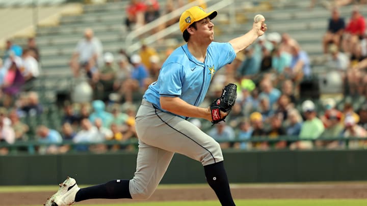 Mar 1, 2024; Bradenton, Florida, USA; Tampa Bay Rays starting pitcher Jacob Lopez (74) throws a pitch during the first inning against the Pittsburgh Pirates at LECOM Park. Mandatory Credit: Kim Klement Neitzel-Imagn Images