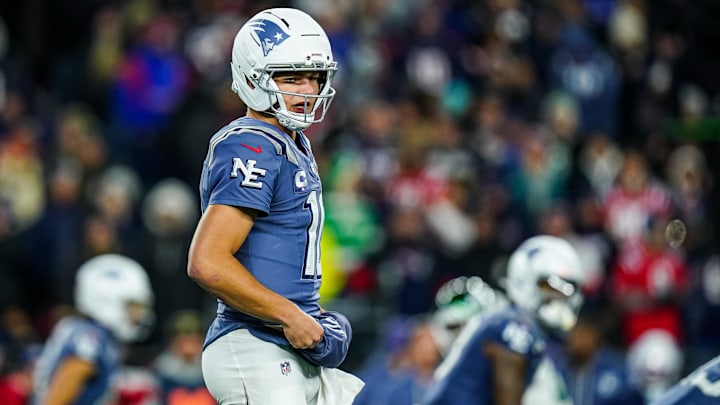 Nov 13, 2025; Foxborough, Massachusetts, USA; New England Patriots quarterback Drake Maye (10) 