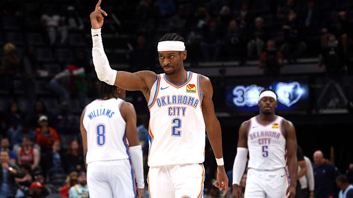 Mar 5, 2025; Memphis, Tennessee, USA; Oklahoma City Thunder guard Shai Gilgeous-Alexander (2) reacts during the fourth quarter against the Memphis Grizzlies at FedExForum. Mandatory Credit: Petre Thomas-Imagn Images
