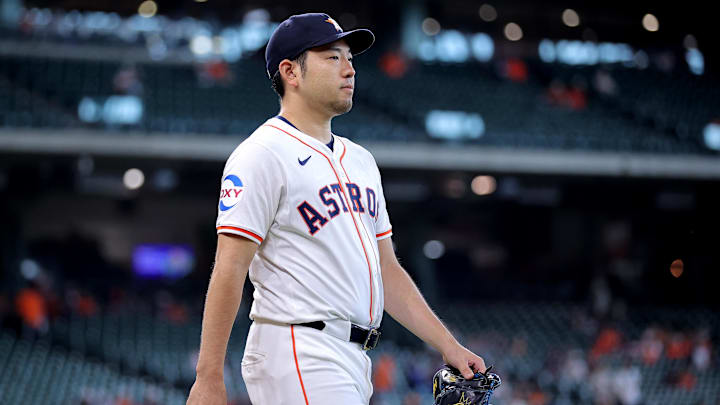 Sep 25, 2024; Houston, Texas, USA; Houston Astros starting pitcher Yusei Kikuchi (16) prior to the game against the Seattle Mariners at Minute Maid Park. 