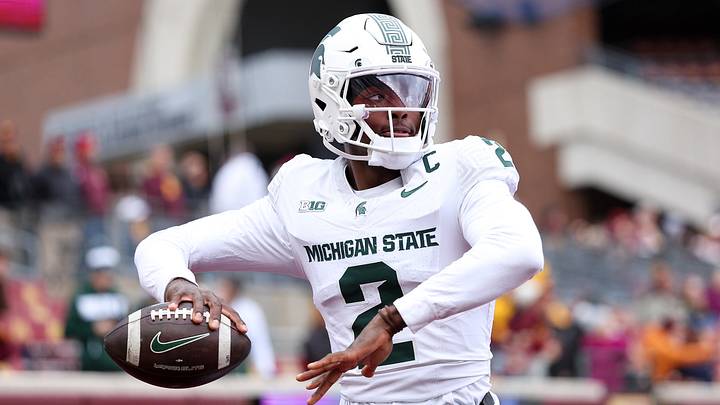 Nov 1, 2025; Minneapolis, Minnesota, USA; Michigan State Spartans quarterback Aidan Chiles (2) warms up before the game against the Minnesota Golden Gophers at Huntington Bank Stadium. Mandatory Credit: Matt Krohn-Imagn Images