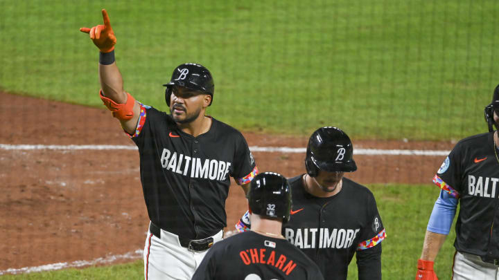 Aug 23, 2024; Baltimore, Maryland, USA; Baltimore Orioles right fielder Anthony Santander (25) reacts after hitting a eighth inning grand slam against the Houston Astros at Oriole Park at Camden Yards Aug 23, 2024; Baltimore, Maryland, USA; Baltimore Orioles right fielder Anthony Santander (25) reacts after hitting a eighth inning grand slam against the Houston Astros at Oriole Park at Camden Yards