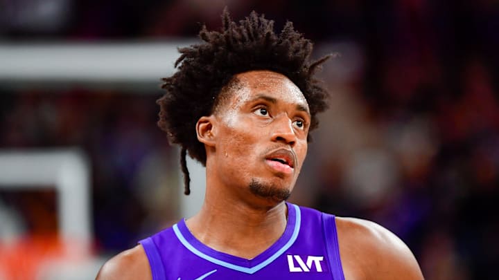 Nov 27, 2024; Salt Lake City, Utah, USA; Utah Jazz guard Collin Sexton (2) reacts to a call against the Denver Nuggets during the second half at the Delta Center. Mandatory Credit: Christopher Creveling-Imagn Images
