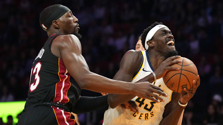 Jan 2, 2025; Miami, Florida, USA;  Indiana Pacers forward Pascal Siakam (43) goes up for a shot past Miami Heat center Bam Adebayo (13) during the first half at Kaseya Center. Mandatory Credit: Jim Rassol-Imagn Images