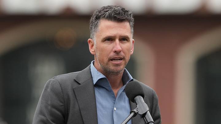Apr 25, 2026; San Francisco, California, USA; San Francisco Giants president of baseball operations Buster Posey speaks before the game against the Miami Marlins at Oracle Park. Mandatory Credit: Darren Yamashita-Imagn Images